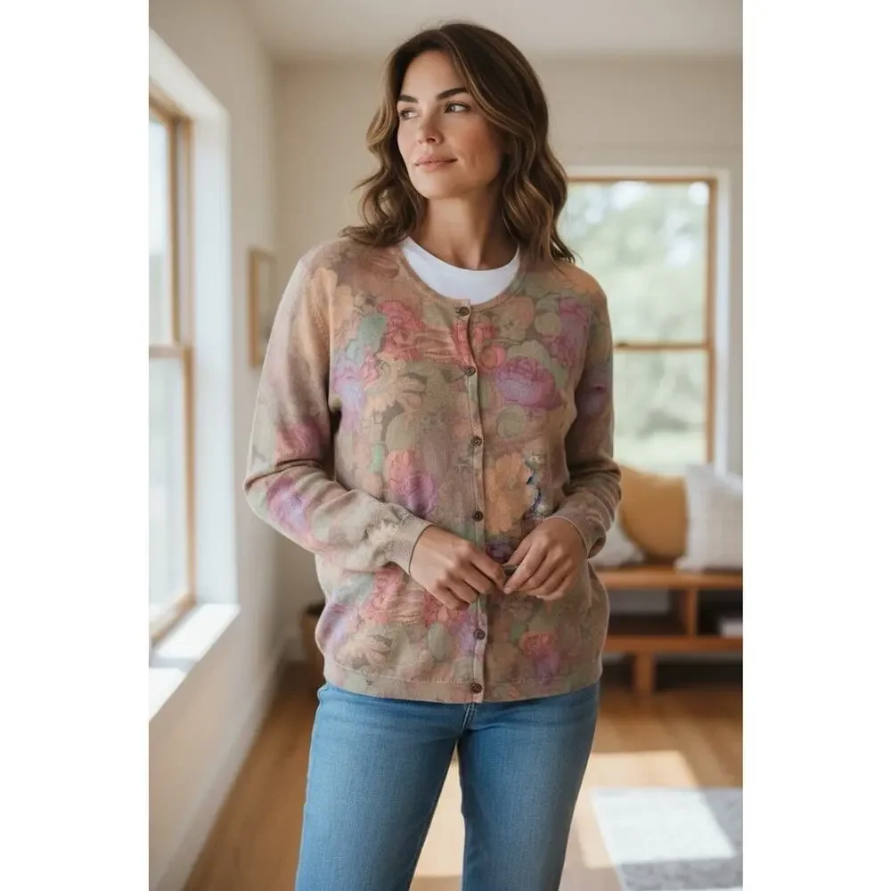 CLAUDIO FERRETTI vintage floral knit cardigan sweater size M Wool & Lana Italy